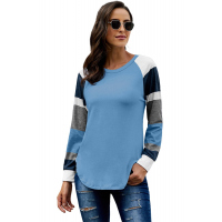 Color Block Long Sleeves Blue Pullover Top