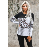 Leopard Striped Patchwork Long Sleeve Top with Pocket