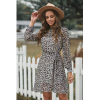 Leopard Ruffled Zipper Lantern Sleeve Mini Dress