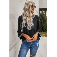 Black Boho Floral V Neck Long Sleeve Casual Top