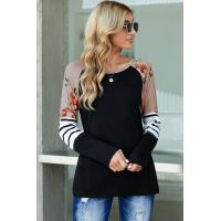 Black Striped Floral Long Sleeve Top