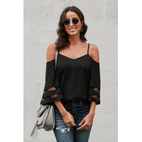 Black Spaghetti Straps Cold Shoulder Mesh Insert Bell Sleeve Blouse