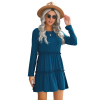 Blue Long Sleeve Ruffled Solid Swing Mini Dress