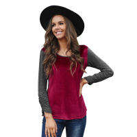 Red Round Neck Color Block Velvet Pleated Long Sleeve Top