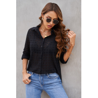 Black Long Sleeve Eyelet Floral Pattern Hollow-out Shirt