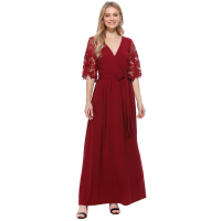 Red Floral Lace Half Sleeve Wrap V Neck Maxi Dress