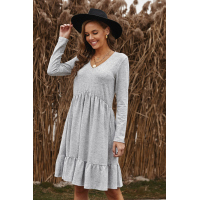 Gray Brushed Fleece Long Sleeve Ruffle Mini Dress