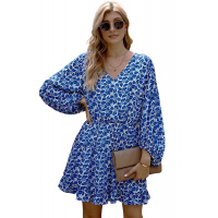 Blue V Neck Lantern Sleeves Floral Tunic Dress