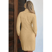 Khaki Hand Knitted High Neck Sweater Dress