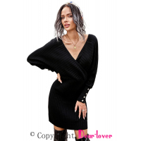 Black Wrap V Neck Batwing Sleeves Ribbed Sweater Dress