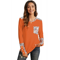 Orange Leopard Splicing Long Sleeve Top with Button Details