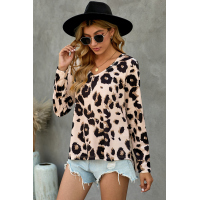 Khaki Casual Leopard Print Long Sleeves T-shirt