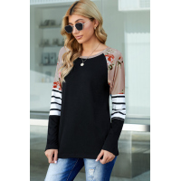 Black Striped Floral Long Sleeve Top