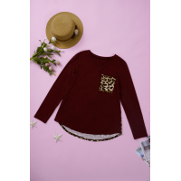 Burgundy Leopard Patch Pocket Long Sleeve Top