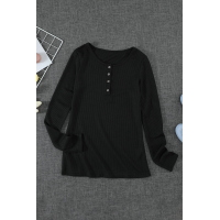 Black Solid Color Ribbed Texture Slim Top with Button