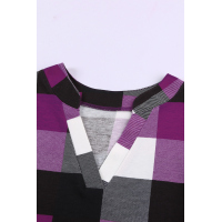 Purple Contrast Plaid V Neck Long Sleeve Top