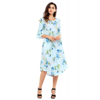 Light Blue 3/4 Bell Sleeve Floral Midi Dress