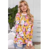  Yellow Cowl Neck Floral Print Hoodie with Striped Detail