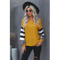 Yellow V Neck Leopard Stripe Splice Lantern Sleeve Top