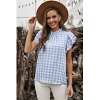 Light Blue Plaid Ruffled Short Sleeves Tee