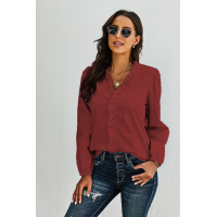 Wine Long Sleeves Ruffles Blouse