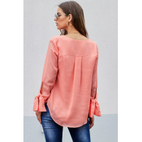 Pink V Neck Ruched Tie Sleeve Top