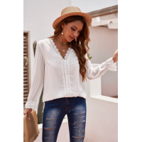 White Elegant V-Neck Swiss Dot Lace Blouse