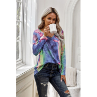 Blue Tie-dye V Neck Long Sleeves Top