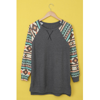 Gray Tribal Print Waffle Knit Pullover with Side Slit