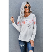 White Floral Striped Print Long Sleeve Top