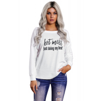 White Off Shoulder Letter Print Long Sleeve Top