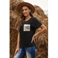 Sequin Pocket Black Short Sleeve T-shirt