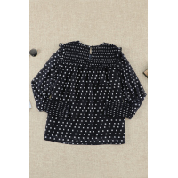 Black Smocked Ruffle Trim Blouse