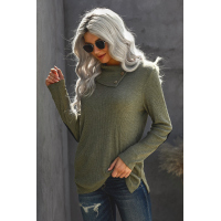 Army Green Buttoned Neck Knit Long Sleeves Top