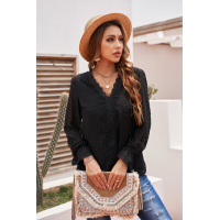 Black Elegant V-Neck Swiss Dot Lace Blouse