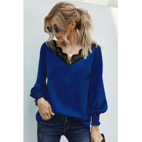 V Neck Lace Patchwork Blue Blouse