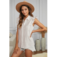 White Sleeveless Button Closure Ruffled Linen Shirt 