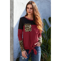 Red Color Block Splicing Leopard Printed Pocket Tie Blouse