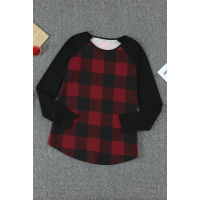 Red Plaid Long Sleeve Top with Elbow Patch