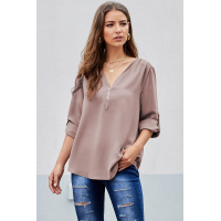 Khaki Casual V Neck Zip up Half Sleeve Blouse