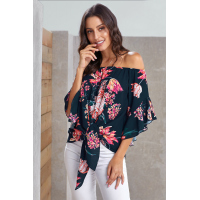 Blue Off Shoulder Floral Tie Front High Low Chiffon Blouse