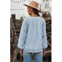 Sky Blue V Neck Lantern Sleeve Textured Solid Top