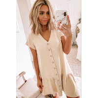 Beige Pocketed Button Ruffle Dress