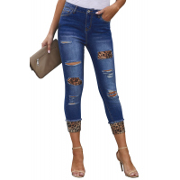 Distressed Leopard Patches Blue Skinny Jeans