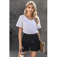 Black Elastic Waistband Pocket Drawstring Shorts with Button