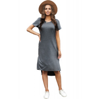 Gray Casual Short Sleeve T-shirt Midi Dress with High Splits