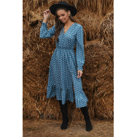 Blue Button Polka Dot High Slit Ruffled Midi Dress