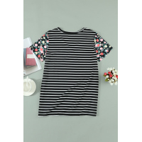 Floral Sleeves Striped T-shirt