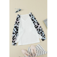 White Leopard Sleeve V Neck Waffle Top