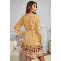 Yellow V-neck Floral Print Long Sleeve Tunic Mini Dress